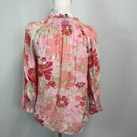 Talbots Blouse size Extra Small Pink Coral Floral Smocked Peasant Boho Wedding - Picture 7 of 8